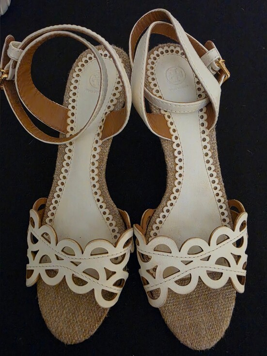 Tory Burch Shoes - Tory Burch Cream Scalloped Cutout Ankle-Strap Sandals with Jute Footbed